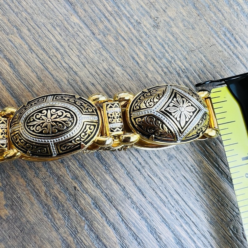 Vintage Spanish Damascene Bracelet w/ Gold Tone Inlay On Black Enamel MCM - Picture 8 of 8